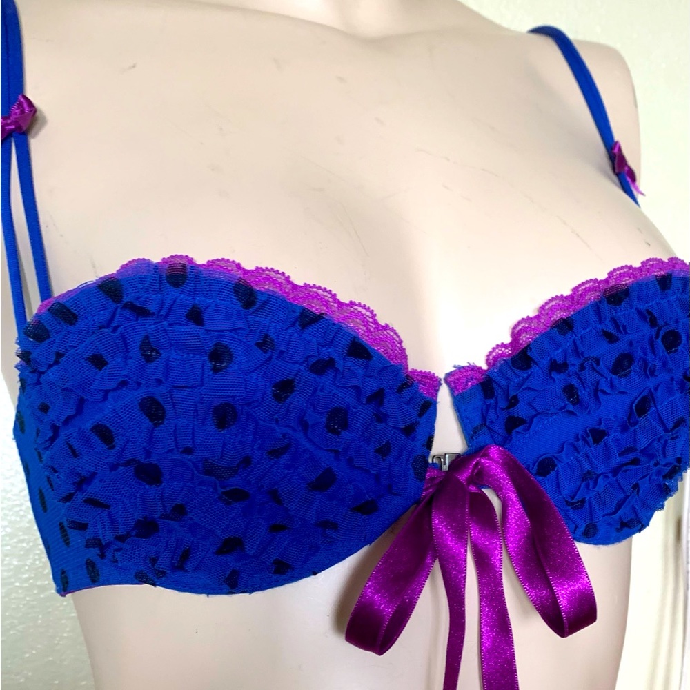 Sexy Little Things Blue Magenta Blk Polka Dot Push-up Bra, Ribbon Lace 32C
